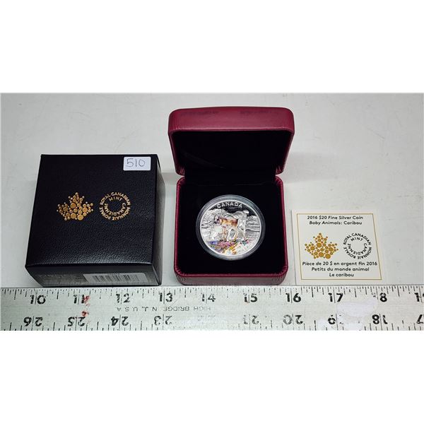 2016 $20 Baby Caribou & Mother. Colourized. 99.99% pure Silver. Proof. Housed in its original RCM ca