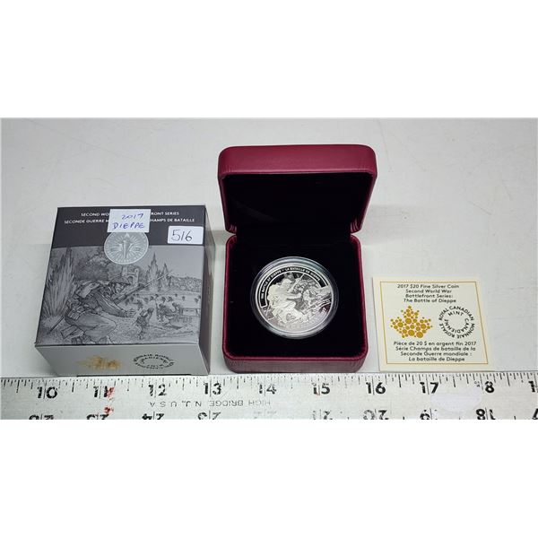 2017 $20 Second World War Battlefront Series: The Battle of Dieppe. 99.99% pure Silver. Proof. House