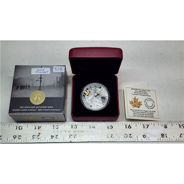 2018 $20 First World War Battlefront Series: Canada’s Hundred Days. 99.99% pure Silver. Gold Plating