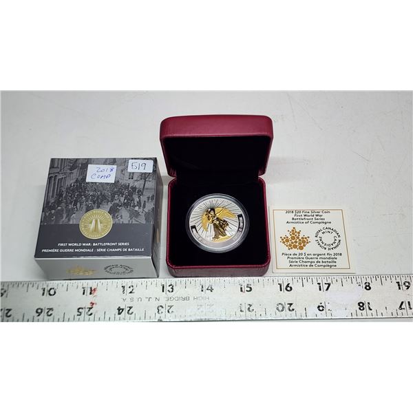 2018 $20 First World War Battlefront Series: Armistice of Compiegne. 99.99% pure Silver. Gold Platin