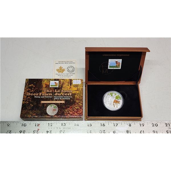 2015 $20 Baby Animals: The Deer Fawn Stamp & Coin Set. 99.99% pure Silver Colourized White-Tailed De