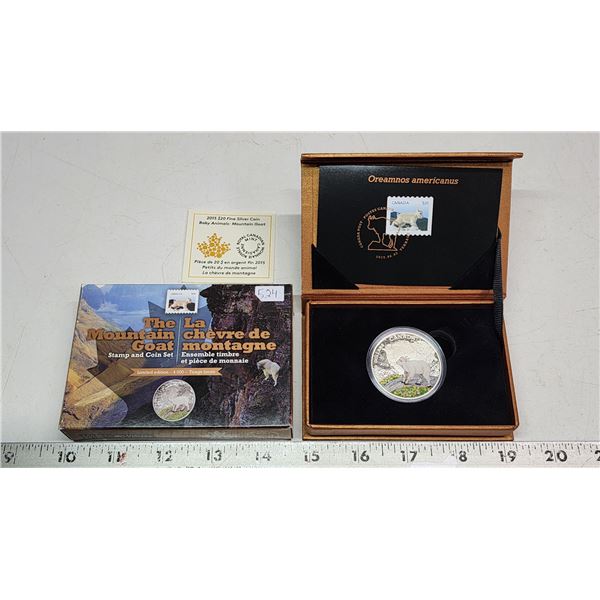 2015 $20 Baby Animals: Mountain Goat Stamp & Coin Set. 99.99% pure Silver Colourized Mountain Goat K