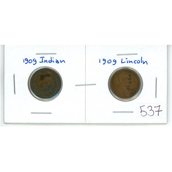The last U.S. 1909 Philadelphia Mint Indian Head Cent & the first Philadelphia Mint Lincoln Cent. Co