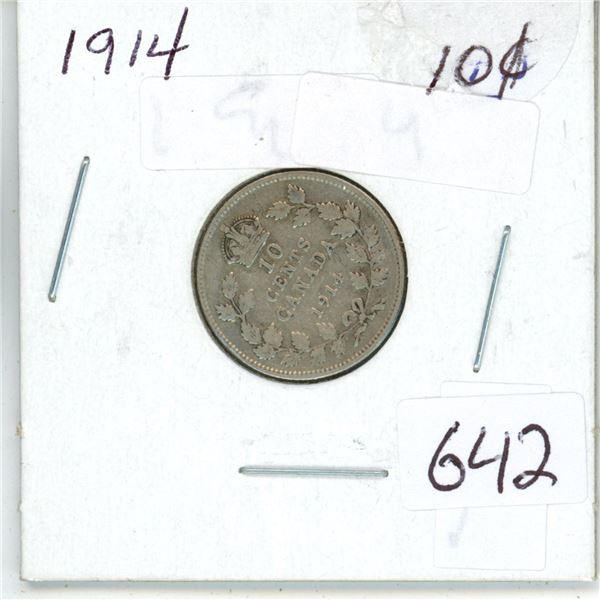 1914 Canadian silver 10 cent coin