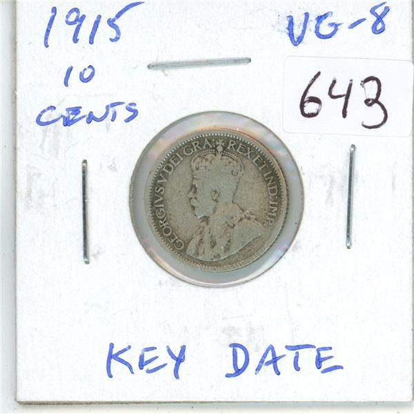 1915 Canadian silver 10 cent coin - Key Date