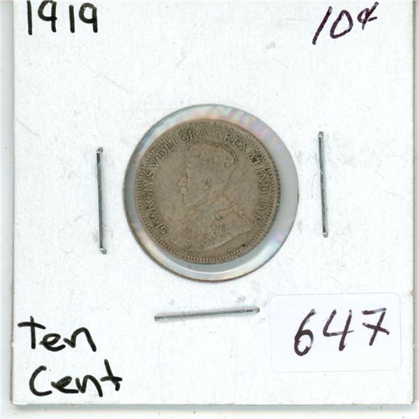 1919 Canadian silver 10 cent coin