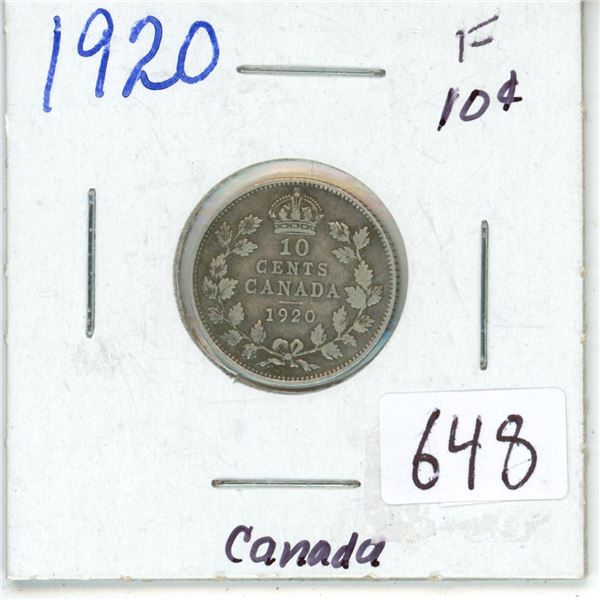 1920 Canadian silver 10 cent coin