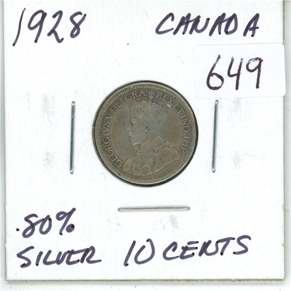 1928 Canadian silver 10 cent coin