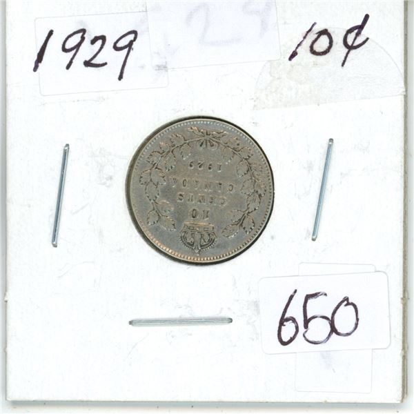 1929 Canadian silver 10 cent coin