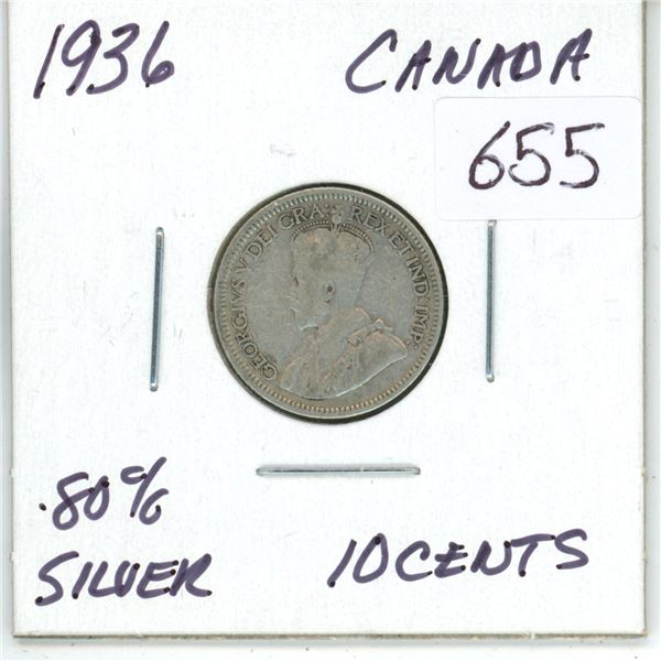 1936 Canadian silver 10 cent coin