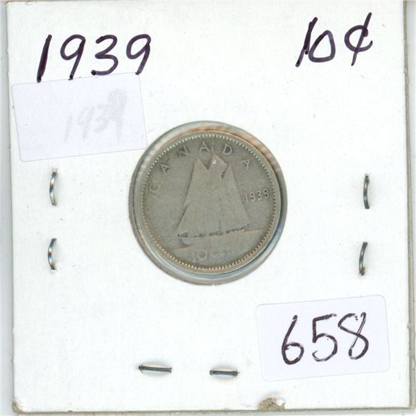 1939 Canadian silver 10 cent coin