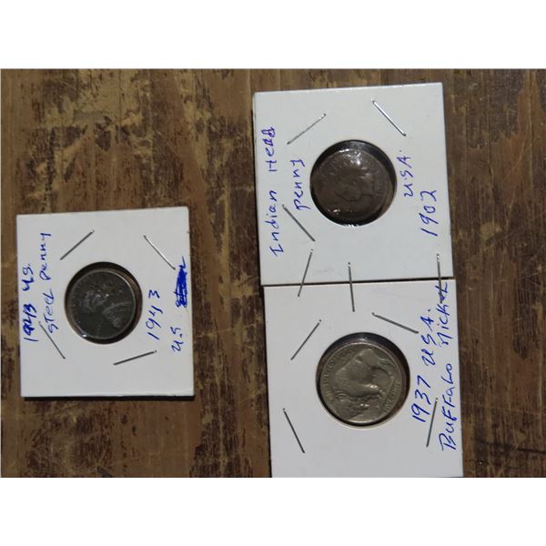 3 x USA Coins - 2 x Penny 1 x Nickel