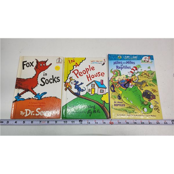 3 Vintage Dr. Seuss books -  Fox in socks ,  In a people house , &  Miles and miles of reptiles 