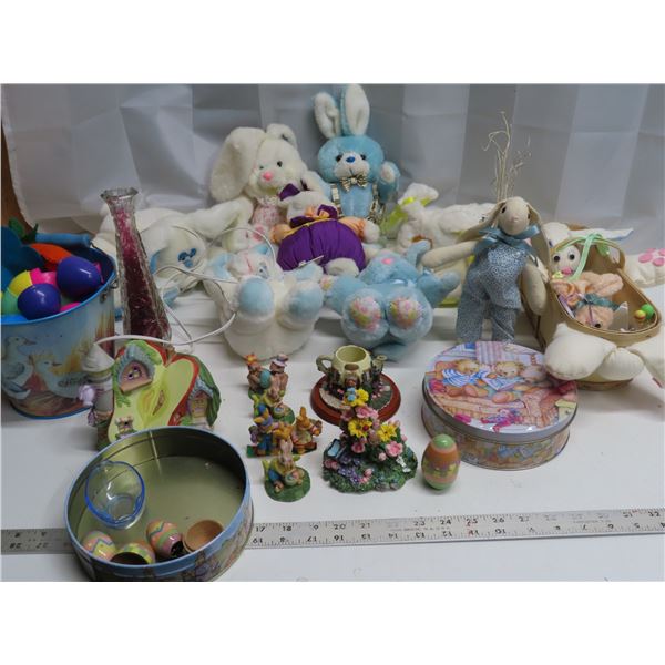 Tote of easter plush rabbits and ceramic figurines collectible wooden hand painted eggs