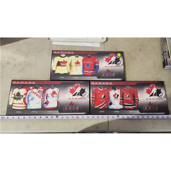 Set of 3 - Team Canada hockey jersey's "through the ages" commemorative wall plaques - 16"x7"H