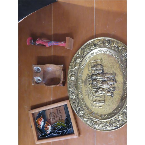 Assorted items - owl bow, lady figurine, brass kitchen sign, etc.