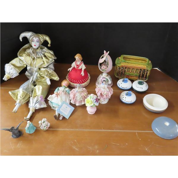 Assorted decorative items - porcelain figurines, jester doll, etc.