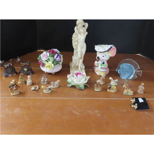 Collection of assorted figurines - fish, mouse, flowers, tea figures, etc.