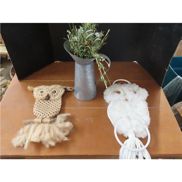 Decorative items - hanging owls, metal pitcher with grass (fake)