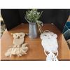 Decorative items - hanging owls, metal pitcher with grass (fake)