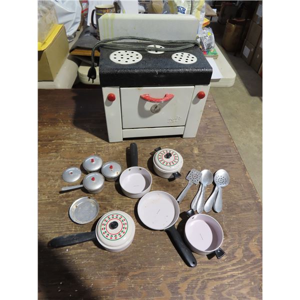 Danby mini stove with pots, pans and utensils