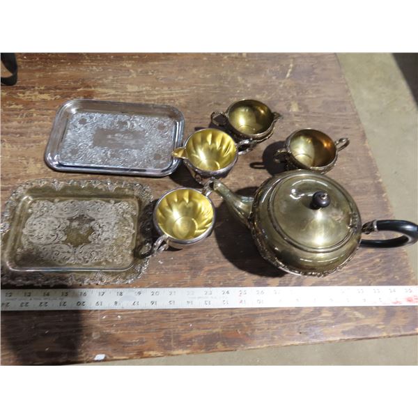 silver plate EP copper teapot, 2 trays, 2 sugar bowls and 2 creamer cups