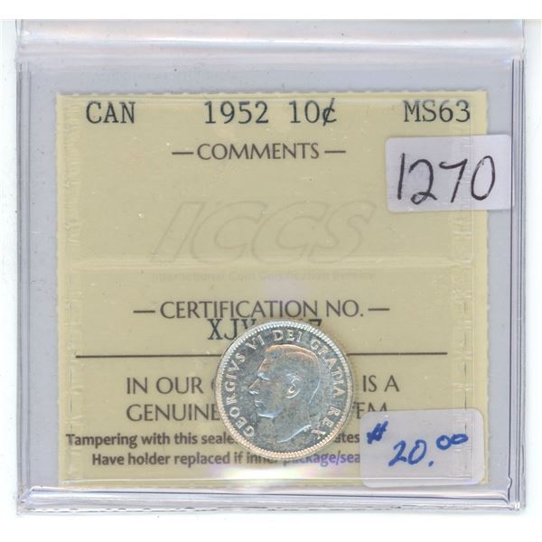 1952 Canadian graded silver 10 cent coin - ICCS - MS63