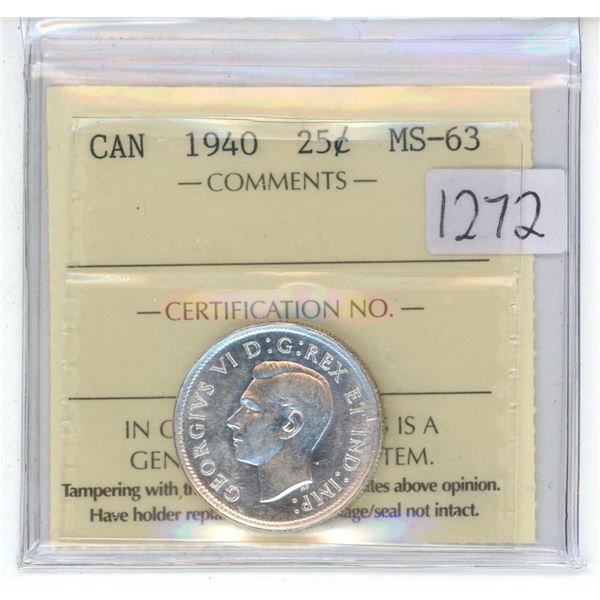 1940 Canadian graded silver, 25 cent coin - ICCS - MS63