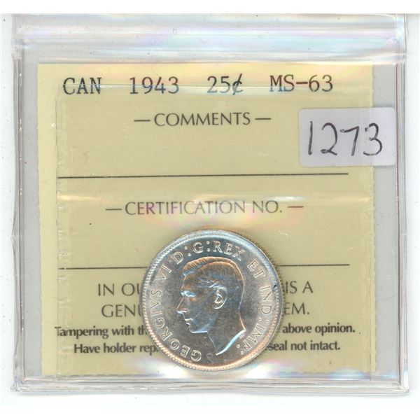 1943 Canadian graded silver, 25 cent coin - ICCS - MS63