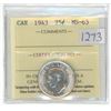 Image 1 : 1943 Canadian graded silver, 25 cent coin - ICCS - MS63