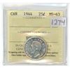 Image 1 : 1944 Canadian graded silver, 25 cent coin - ICCS - MS63