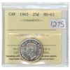 Image 1 : 1945 Canadian graded silver, 25 cent coin - ICCS - MS63