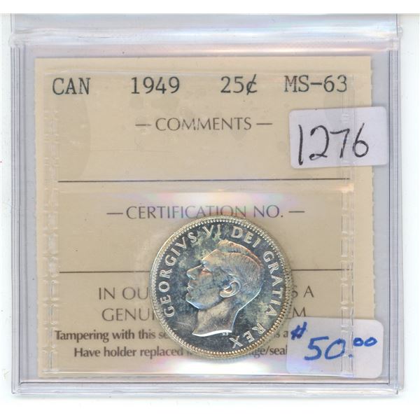 1949 Canadian graded silver, 25 cent coin - ICCS - MS63