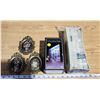 Image 1 : Glass Candle holder, box of long candles & 3 small fabric pictures