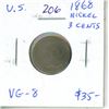 U.S. 1868 Nickel 3 Cents. Odd denomination. VG-8.