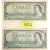 Image 1 : 2 1954 Canadian Dollar bills Beattie-Rasminski w/o 8783262 Lawson-Bowey c/I 9324315