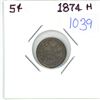 Image 1 : 1874 H, Canadian 5 cent silver coin