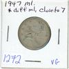 Image 1 : 1947 ML close to 7 - Canadian silver, 25 cent coin