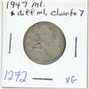 Image 1 : 1947 ML close to 7 - Canadian silver, 25 cent coin