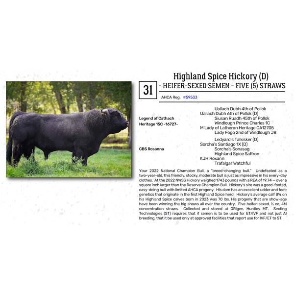 Highland Spice Hickory (D) - HEIFER-SEXED SEMEN - FIVE (5) STRAWS