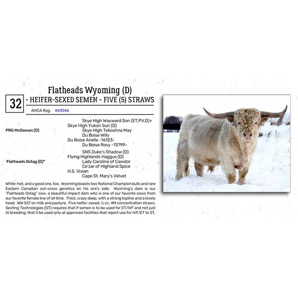 Flatheads Wyoming (D) - HEIFER-SEXED SEMEN - FIVE (5) STRAWS
