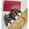 Image 1 : 5)  GOLD TONE WITH MULTI COLORED CRYSTALS, BAT