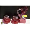 Image 1 : 3 PCS CRANBERRY GLASS SET-JUG & 2 CANDLE HOLDERS