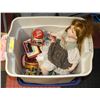 Image 1 : TOTE OF COLLECTIBLE TINS AND 1 PORCELAIN DOLL