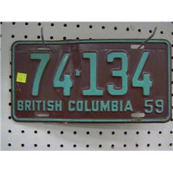 BRITISH COLUMBIA LICENCE PLATE 1959