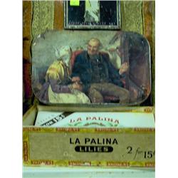 WOOD BOX AND TWO METAL TINS