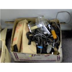 BOX OF OLD HEAD PHONES,LANTERNS AND MORE