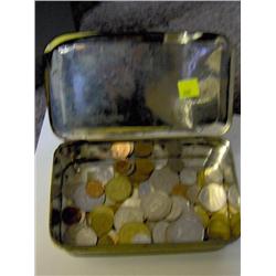 METAL BOX OF ASSORTED COINS