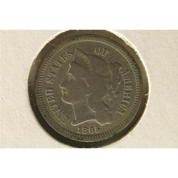 1865 US THREE CENT  NICKEL  WITH DIE CRACKS AND