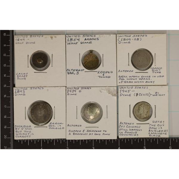 6 SILVER  ALTERED US DIMES: 1849, 1854 SILVER